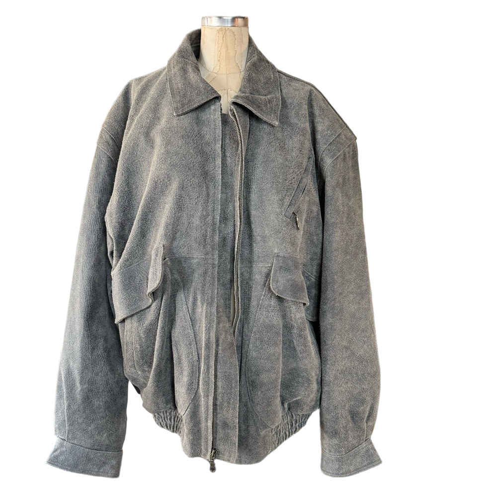 Context Brown/Gray Leather Military Bomber Jacket Men’s Size XL TALL